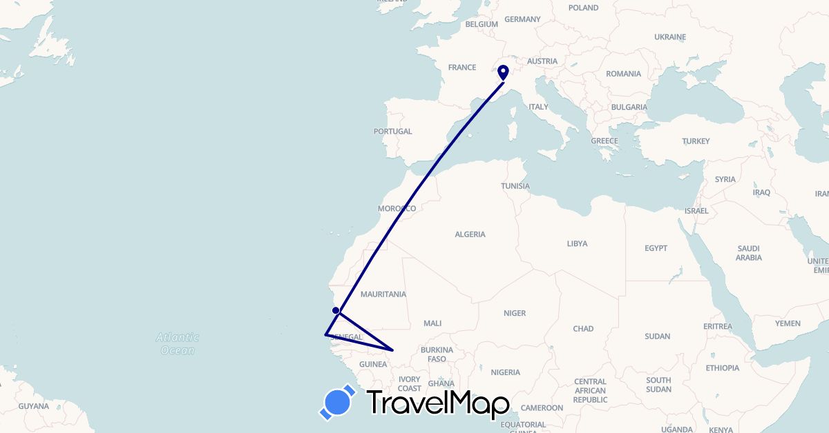TravelMap itinerary: driving in Italy, Mali, Mauritania, Senegal (Africa, Europe)